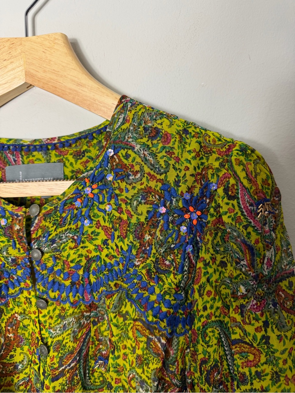 Anthropologie Beaded Priya Blouse Printed Green Size Large *388 - Picture 6 of 14